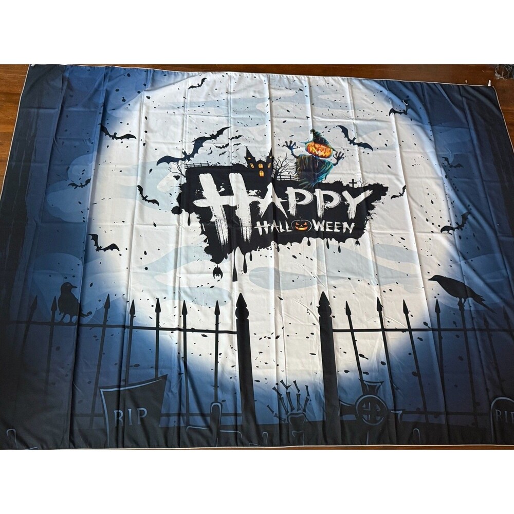 Happy Halloween Cemetery Bats Pumpkin Scarecrow Cloth Banner 59 x 79" Spooky
